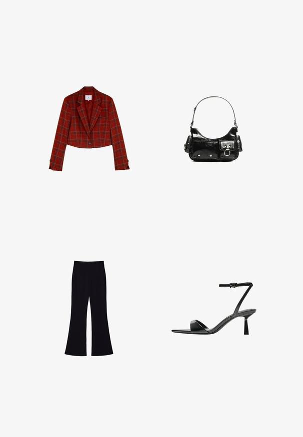 Scalpers CHECK - Blazer - terracotta; Einfaches schwarzes T-Shirt aus Baumwolle mit kurzen Ärmeln und Rundhalsausschnitt, auf einem weißen Hintergrund dargestellt.; Schwarze Schlaghose mit hohem Bund und ohne sichtbare Taschen oder Knöpfe, vor einem weißen Hintergrund gezeigt.; Bershka High Heel Sandalette - black; Schwarze Lackleder-Handtasche mit geschwungenem Design, einem Schulterriemen, Vordertaschen und silberfarbenen Hardware-Akzenten.
