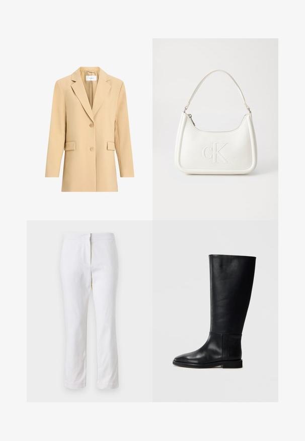 Beżowa marynarka z klapkami, jednorzędowa, z zapięciem na dwa guziki i kieszeniami bocznymi. Wykonana z gładkiego materiału z dopasowanym krojem.; Biała bezrękawnikowa bluzka dzianinowa z okrągłym dekoltem, prążkowanym wykończeniem i detalami ściegów po bokach; posiada małą metkę marki na dole.; Białe bawełniane spodnie o prostym kroju nogawki, z średnim stanem, bez widocznych elementów metalowych czy wzorów. Gładka tekstura na całej powierzchni.; Czarne skórzane kozaki za kolano z zaokrąglonym noskiem, gładką teksturą, minimalistycznym designem i płaską podeszwą. Proste detale szwów na cholewie.; Biała skórzana torebka o zaokrąglonym kształcie, z wytłoczonym logo "CK" z przodu i pojedynczym paskiem na ramię. Zapięcie na zamek z góry.