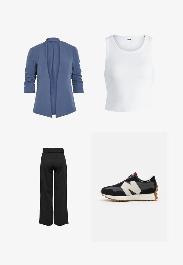 Plavi, lagani sako s otvorenim prednjim dijelom, koji ima naborane rukave, suptilni sjaj i glatku teksturu. Krojen fit s modernim oblikom.; Bijela rebrasta majica bez rukava s okruglim izrezom i skraćenom dužinom. Na etiketi piše "JJXX." Glatka tekstura tkanine.; Crne hlače širokih nogavica s elastičnom waistbandom, izrađene od glatkog materijala. Imaju jednostavan dizajn bez džepova ili vidljivih šavova.; Crne i sive suede tenisice s velikim kremastim logom "N", ljubičastim pertlama i teksturiranim gumiranim potplatom.