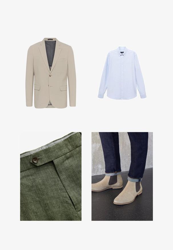 Beige blazer s hladkou texturou, dvěma předními kapsami, jednobarevným designem a zapínáním na jeden knoflík; má kontrastní vnitřní podšívku.; Světle modrá košile s dlouhým rukávem a klasickým límcem, rovný lem a jemná textura. Má centrální uzávěr na knoflíky.; Olivově zelené lněné kalhoty s předním záhybem, vybavené zapínáním na knoflík a kontrastní kostkovanou podšívkou v pase.; Zign LEATHER - Kotníkové boty - sand