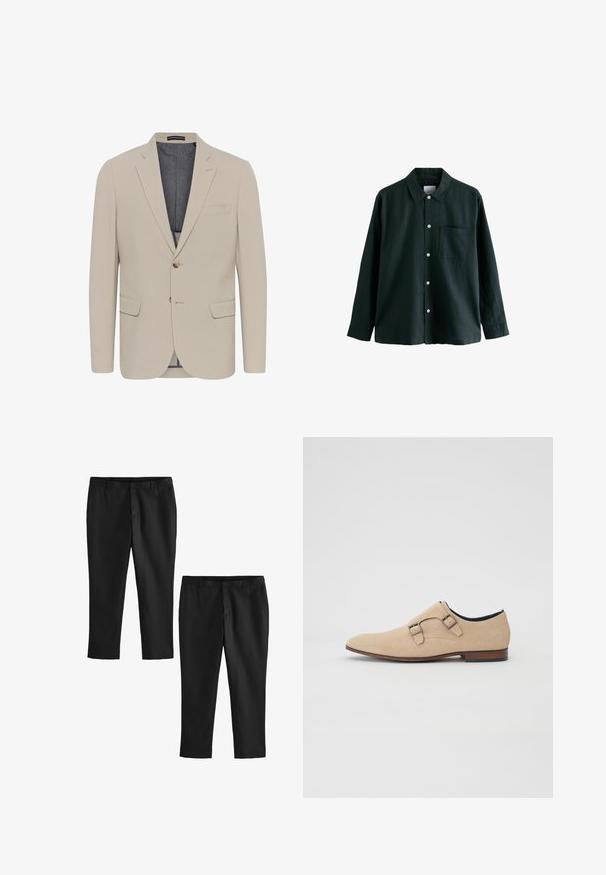 Bežs žakets ar gludu tekstūru, divām priekšējām kabatām, vienas pēdiņas dizainu un vienu pogas aizdari; ar kontrastējošu iekšējo oderi.; Tumši zaļš krekls ar apkakli, garām piedurknēm un vienu krūšu kabatu; ir baltas pogas un maiga tekstūra.; Melnas pielāgotas bikses ar gludu tekstūru, ar taisnu kāju dizainu un vidēju augstu jostasvietu. Parādītas divas pāru, viena no tām īsāka.; Beidzot zamšādas kurpes gaiši brūnā krāsā ar smailu purngalu, diviem sprādzēm un zemu koka papēdi. Gluda struktūra un minimālisma dizains.