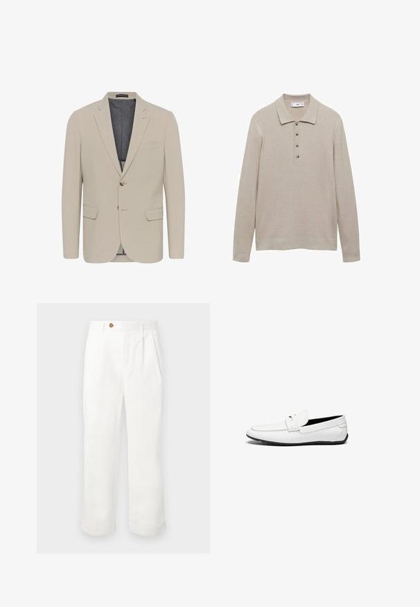 Beżowa marynarka o gładkiej fakturze, z dwoma przednimi kieszeniami, jednorzędowym fasonem i zapięciem na jeden guzik; ma kontrastową podszewkę.; Beżowy polo sweter z długim rękawem, wykonany z prążkowanego materiału, z kołnierzykiem i pięcioma guzikami w brązowym kolorze.; Białe bawełniane spodnie o prostym kroju, z dwoma frontowymi zakładkami, pojedynczym zapięciem na guzik i kieszeniami bocznymi. Gładka tekstura.; Białe skórzane mokasyny o gładkim wykończeniu, z przeszytym akcentem, zaokrąglonym noskiem i czarną gumową podeszwą dla lepszej przyczepności.