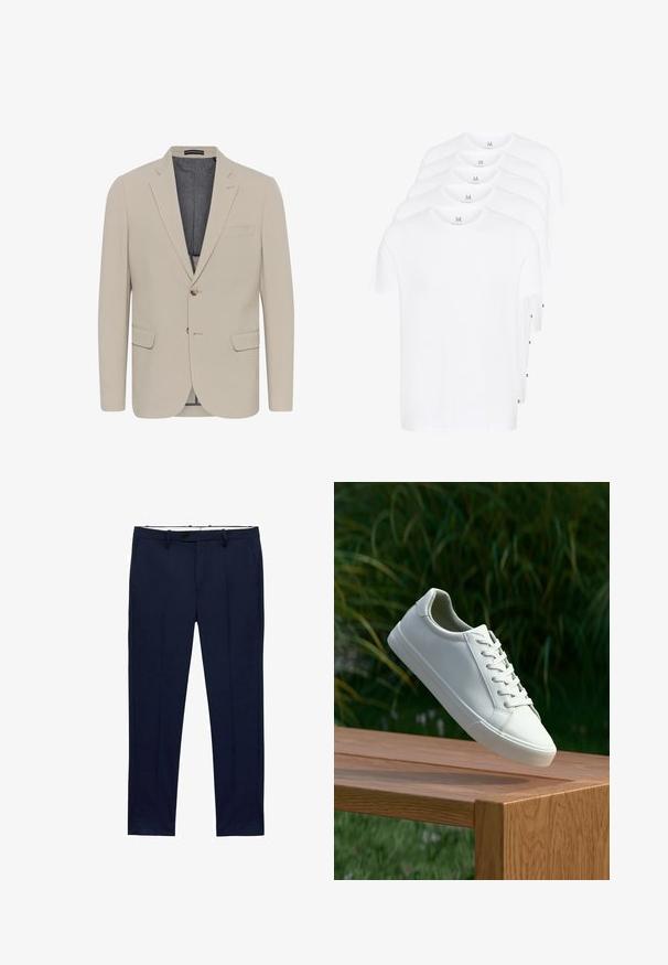 Beżowa marynarka o gładkiej fakturze, z dwoma przednimi kieszeniami, jednorzędowym fasonem i zapięciem na jeden guzik; ma kontrastową podszewkę.; Białe koszulki z krótkim rękawem ułożone w stos, wykonane z bawełny. Posiadają okrągły dekolt i prosty krój. Materiał wydaje się gładki, bez wzorów.; Granatowe spodnie o dopasowanym kroju z prążkowanym wzorem. Posiadają zamek błyskawiczny, szlufki na pasek oraz kieszenie z przodu. Gładka faktura materiału.; Białe sneakersy sznurowane unoszące się nad drewnianą ławką z zielonymi liśćmi w tle, ukazujące wzór i teksturę buta.