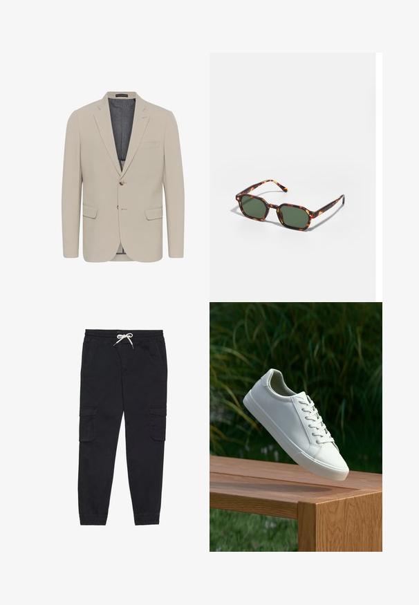 Bež blazer s gladko teksturo, dvema sprednjima žepoma, enojnim zapenjanjem in zapenjanjem na en gumb; vsebuje kontrastno notranjo podlogo.; Bela majica s kratkimi rokavi, izdelana iz bombaža, z okroglim izrezom in gladko teksturo, namenjena priložnostnemu nošenju.; Črne cargo hlače iz bombaža, z elastičnim pasom in vrvico, stranskimi žepi ter zoženimi manšeti.; Beli vezani športni čevlji, ki lebde nad leseno klopjo z zelenim rastlinjem v ozadju, prikazujejo obliko in teksturo čevlja.; Očalna okvir iz želvje školjke z zelenimi lečami, ki ima osemkotno obliko in tanke, zakrivljene ročke. Material ima sijajno površino.