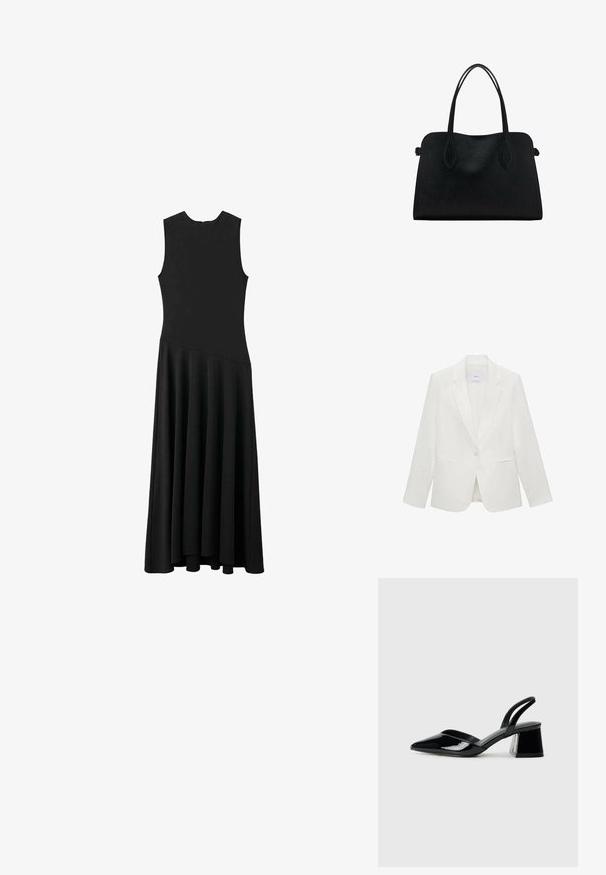 Biała żakiet o dopasowanym kroju z klapami, pojedynczym zapięciem na guzik, dwiema przednimi kieszeniami oraz gładkim, teksturowanym materiałem.; Czarna, bezrękawnikowa sukienka maxi z dopasowaną górą i rozkloszowanym dołem, charakteryzująca się gładką teksturą i minimalistycznym designem, bez widocznych zapięć.; Czarne lakierowane półbuty na obcasie z wydłużonym noskiem i geometrycznym słupkiem. Charakteryzują się eleganckim, minimalistycznym designem oraz gładką fakturą.; Czarna skórzana torba na ramię z podwójnymi paskami, prostokątny kształt i minimalistyczny design na białym tle.