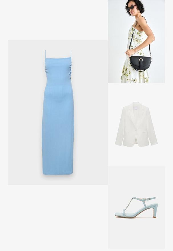 Biely priliehajúci blejzer s klopovým golierom, jednostranným zapínaním na gombík, dvomi prednými vreckami a hladkým textúrovaným materiálom.; Svetlomodré rebrované midi šaty s tenkými ramienkami, s detailmi na boku a priliehavým strihom. Hladká textúra, dĺžka po kolená.; Svetlomodré sandále na vysokom podpätku so členkovým remienkom a štvorcovým špičkovým dizajnom, s kovovým akcentom a elegantnou, hladkou koženou textúrou.; Čierna kožená kabelka s zaobleným tvarom, odnímateľným popruhom a zlatými doplnkami. Kabelka má klopu s detailom s prackou.