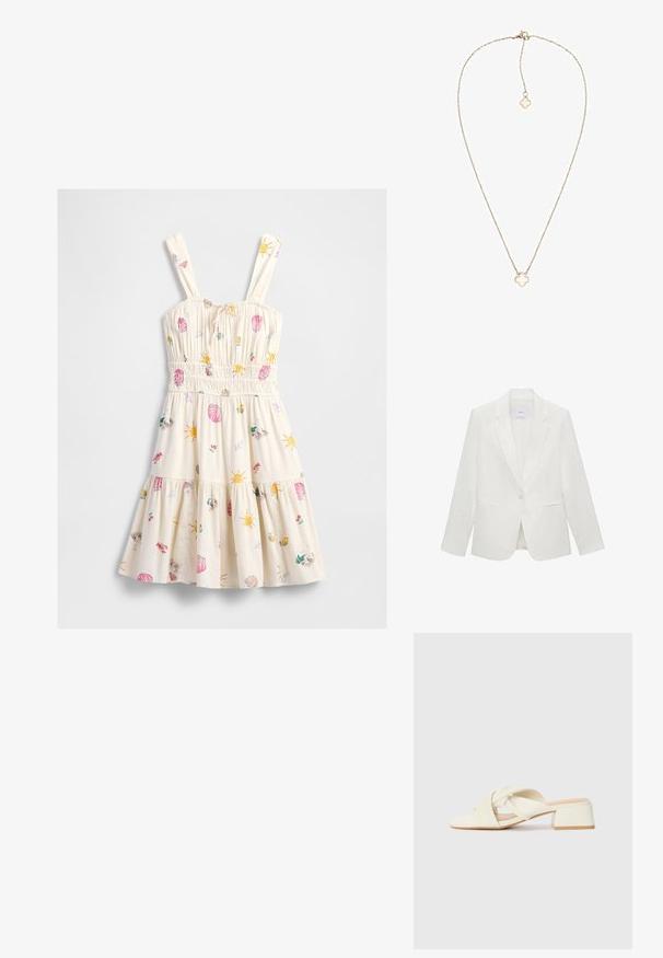 Blazer bianco su misura con revers, chiusura a un bottone, due tasche frontali e un tessuto liscio e caratteristico.; Abito estivo crema con vita arricciata e spalline, decorato con stampe colorate di sole, conchiglie, granchi, limoni e a tema spiaggia.; Sandali con tacco a blocco di colore crema, con cinturini attorcigliati e una suola piatta. Materiale sintetico liscio con finitura opaca.; Borsa a tracolla in finta pelle grigia chiara con catena dorata, con chiusura a forma di V e dettaglio con frange. Texture liscia, forma rettangolare.; Collana con catena color oro che presenta un pendente a forma di fiore con un centro traslucido. Link delicati e chiusura a moschettone.