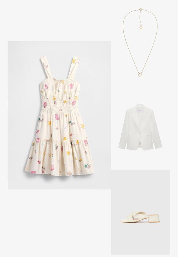 Weißer maßgeschneiderter Blazer mit Reverskragen, einer Knopfschnalle, zwei Fronttaschen und einem glatten Textil.; Hellbeiges Kleid mit dünnen Trägern, gerafftem Oberteil, gestuftem Rock und bunten Muschel- und Sonnenmotiven. Hergestellt aus weichem Stoff mit legerer Passform.; Ecrufarbene Blockabsatzsandalen mit gedrehten Riemen und flachem Fußbett. Glattes synthetisches Material mit matter Oberfläche.; Hellgraue Kunstlederhandtasche mit goldener Kettenriemen, die über einen V-förmigen Verschluss und eine Quaste verfügt. Glatte Textur, rechteckige Form.; Goldfarbene Halskette mit einem blumenförmigen Anhänger und einem durchsichtigen Zentrum. Zarte Glieder und ein Karabinerverschluss.
