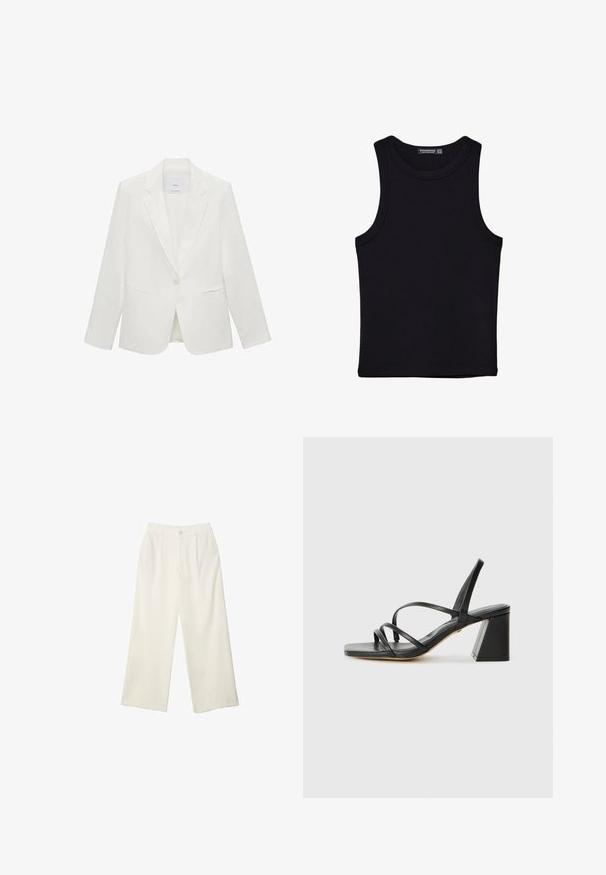 Weißer maßgeschneiderter Blazer mit Reverskragen, einer Knopfschnalle, zwei Fronttaschen und einem glatten Textil.; Schwarzes Tanktop aus Baumwolle mit rundem Halsausschnitt und weiten Armöffnungen. Glatte Textur mit genähten Säumen. Klassisches, minimalistisches Design.; Helle Stoffhose mit weitem Bein und glatter Textur, ausgestattet mit einem einzelnen Knopf vorne, dezenten Falten und einem Hochbund-Design.; Schwarze High Heels Sandalen mit quadratischer Zehenpartie, die mehrere dünne Riemen und einen geometrischen Blockabsatz aufweisen. Glatte Ledertextur und minimales Design.