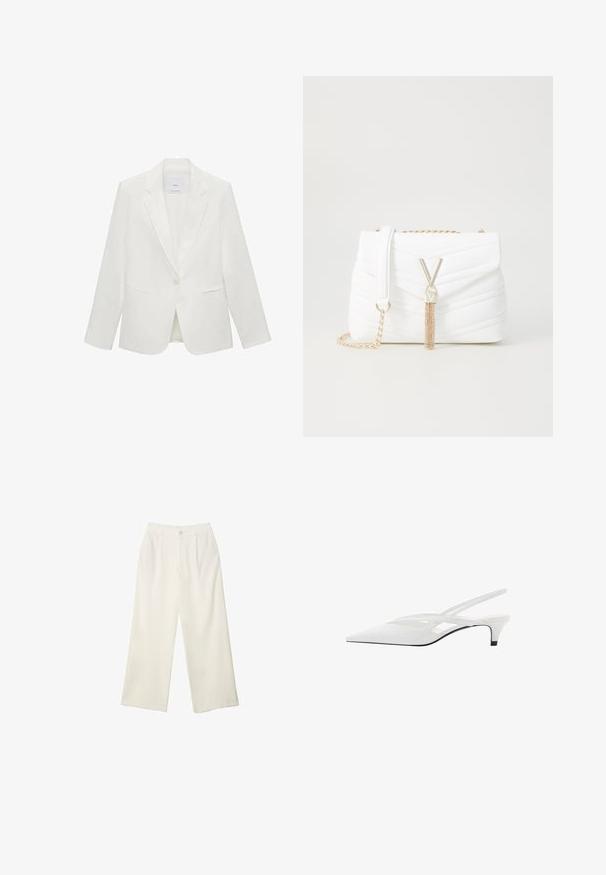 Bela prirejena blejzer jakna z odrezanim ovratnikom, enojnim gumbom, dvema sprednjima žepoma in gladkim teksturiranim materialom.; Bela bombažna majica s kratkimi rokavi, okroglim ovratnikom, prilegajočim krojem in gladko teksturo. Oznaka logotipa na ovratniku.; Hlače širokih nogavic iz kremaste tkanine z gladko teksturo, z enim sprednjim gumbom, diskretnimi plisami in visokim pasom.; Bela slingback peta z ošiljenim nosom, z gladkim zgornjim delom, subtilnimi izrezi in nizkim blok petkom. Črna podplat poudarja dizajn.; Bela prešita torbica z zavihkom, z zlatim verižnim trakom in značilnimi zlatimi dodatki, ki vključujejo poudarek v obliki črke "V" in detajl z resico.