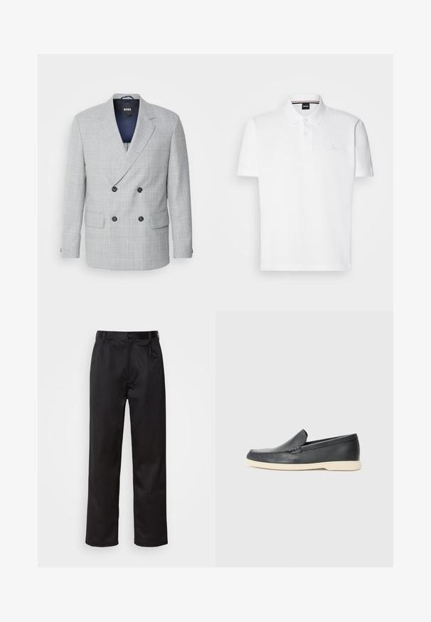 Švarkas su dvigubu užsegimu, šviesiai pilkos spalvos audinio su languotu raštu. Yra išpjovos formos apykaklė, dvi priekinės kišenės ir juodi mygtukai.; Balta polo marškinėliai pagaminti iš medvilnės ir poliesterio mišinio, su apykakle, dviejų mygtukų uždarymu ir subtiliu siuvinėtu logotipu ant krūtinės.; Juodi kelniukai, pagaminti iš lygaus audinio, su užsegimu priekyje, raukšlėmis ir tiesiomis kojomis. Nėra matomų raštų ar akcentų.; Juodi odiniai batus be raištelių, turintys tekstūruotą paviršių ir kontrastingą smėlio spalvos gumos padai. Yra subtilus akcentas priekyje.