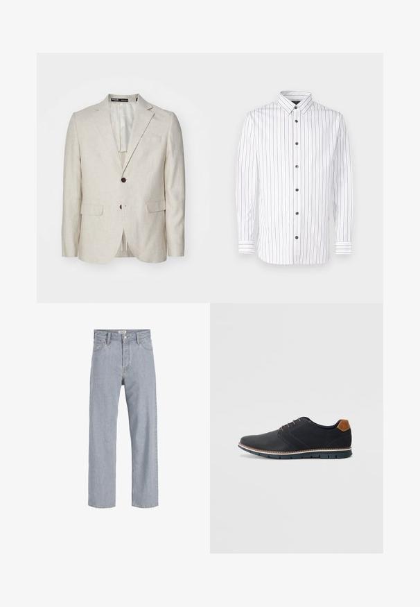 Lys beige lin blazer med to-knappslukking, notched lapels, to frontlommer og en enkel baklufte. Regular fit-design.; Hvit skjorte med lange ermer og smale vertikale striper i rødt og blått, med knapper foran, spiss krage og svarte knapper.; Lyseblå denimbukser med avslappet passform, rett ben-design, synlige sømmer, to frontlommer og knappelukking.; Sorte syntetiske sko med en teksturert overdel, glatte detaljer, brun hæl og en kontrastfarge på sålen. Har minimalt snøring og sømdetaljer.