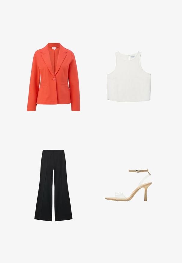 s.Oliver Blazer - hellorange; Witte mouwloze top met een ronde halslijn, voorzien van een subtiele textuur, een sleutelgatenrugdetail en een rechte zoom.; Zwarte wijde-pijpen broek met een gladde textuur, gekenmerkt door voorplooien en een op maat gemaakte uitstraling. De stof is lichtgewicht en vloeiend.; Heldere sandaal met een doorzichtige bovenkant, beige voetbed en een slanke enkelriem. Voorzien van een spitse neus en een dunne hoge hak.