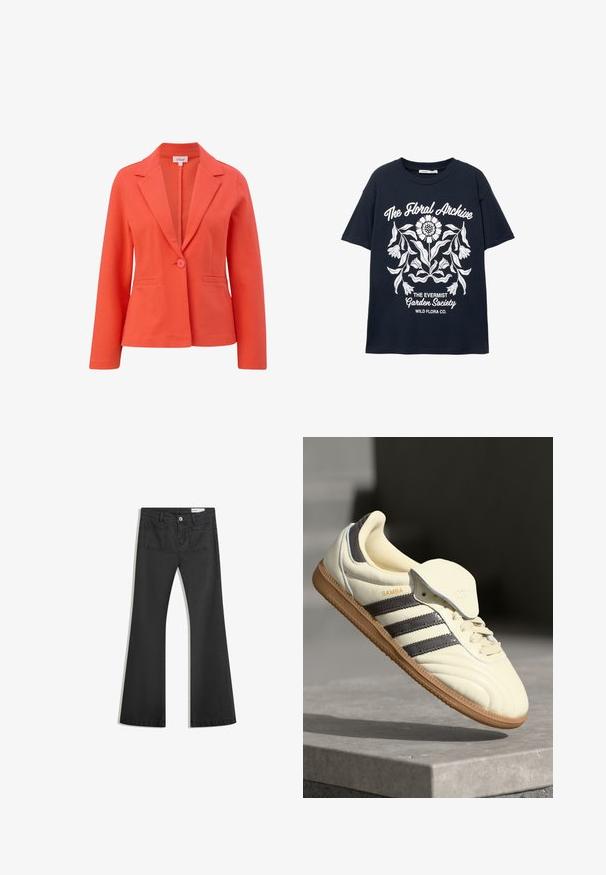 s.Oliver Blazer - hellorange; Marineblaues T-Shirt mit kurzen Ärmeln und weißem Blumenmotiv sowie Texten wie "Das Blumenarchiv", "Die Evermist Gartengesellschaft" und "Wild Flora Co."; Schwarze Schlagjeans aus Denim mit glatter Textur, ausgestattet mit zwei Gesäßtaschen und einem Knopfverschluss an der Taille.; Cremfarbene Ledersneaker mit drei dunklen Streifen, einer braunen Gummisohle und einer abgerundeten Zehenpartie. Hat eine faltbare Zunge, die mit "SAMBA" beschriftet ist.