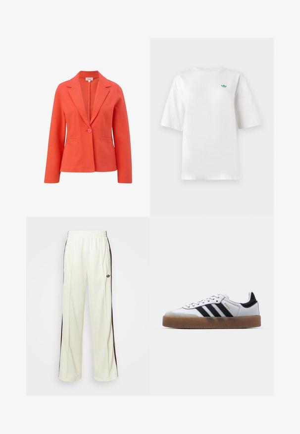 s.Oliver Blazer - hellorange; Weißes T-Shirt aus Baumwolle, mit kurzen Ärmeln und Rundhalsausschnitt. Ein kleines grünes Logo befindet sich auf der linken Brustseite.; Cremfarbene Jogginghosen mit lockerer Passform, ausgestattet mit dunkelbraunen seitlichen Streifen und einem gestickten Logo auf dem linken Oberschenkel.; Weiße Leder Sneakers mit schwarzen Streifen, Gummigummi-Außensohle, runder Zehenform, Schnürverschluss und weichem grauem Wildleder-Zehenkappe.