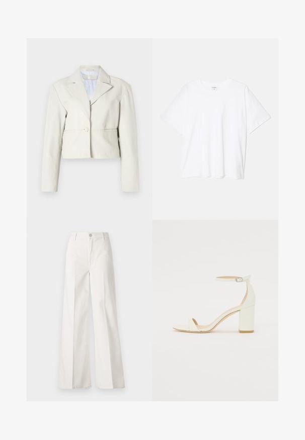 Κομμένο μπεζ μπουφάν με κουμπί, φαρδιές πέτες και μακριά μανίκια. Λείος υφαμένος με απλή, μινιμαλιστική σχεδίαση.; Λευκό βαμβακερό μπλουζάκι με κοντά μανίκια, στρογγυλή λαιμόκοψή, χαλαρή εφαρμογή και ραμμένο στρίφωμα. Ετικέτα ορατή στο εσωτερικό του λαιμού.; Λευκά παντελόνια σε φαρδιά γραμμή, κατασκευασμένα από βαμβάκι με λεία υφή. Διαθέτουν μπροστινό κουμπί, φερμουάρ και τέσσερις τσέπες.; Λευκό δερμάτινο σανδάλι με τετράγωνο τακούνι, που διαθέτει λουράκι στοankle με αγκράφα και μινιμαλιστικό σχεδιασμό. Ανοιχτή μύτη και ομαλές υφές σε όλη την επιφάνεια.