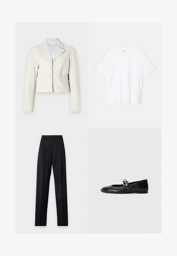 Rövidített, világos bézs kabát gombos záródással, széles hajtókákkal és hosszú ujjakkal. Sima textúra, egyszerű, minimalista dizájn.; Fehér pamut póló rövid ujjal, kerek nyakkivágással, laza fazonnal és varrott szegéllyel. Címke látható a belső nyakrészén.; Fekete nadrág sima anyagból, magas derékkal, széles lábakkal, elülső redőkkel és klasszikus övhurkokkal. Oldalzsebek nem láthatók.; Fekete bőr balettcipők, hegyes orral, kör alakú fémbújtatóval ellátott pánttal és lapos talppal.