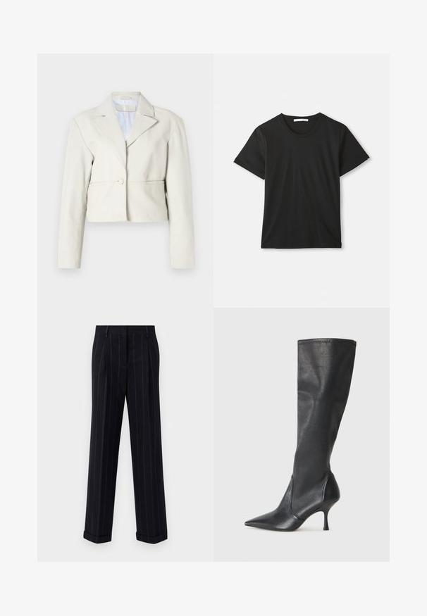 Cropped light beige jacket with a button closure, wide lapels, and long sleeves. Smooth texture with a simple, minimalist design.; Black short-sleeve crew neck cotton T-shirt laid flat on white background with visible brand label inside collar.; Black pinstriped trousers with a tailored fit, featuring a cuffed hem and front pleats. Made of smooth fabric with a structured design.; Knee-high black leather boots with a pointed toe and a slim stiletto heel. Smooth texture with a fitted design and stitching at the top edge.