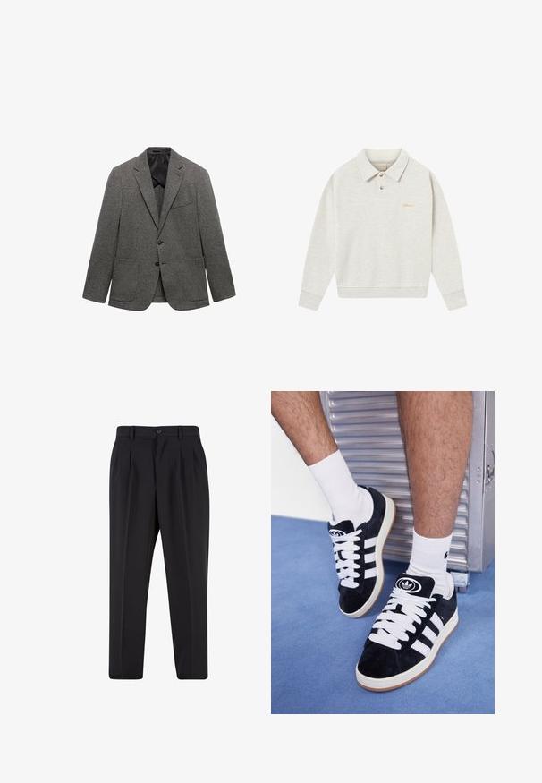 Grå mønstret blazer lavet af tekstureret stof, med reverskrave, to forlommer og én knaplukning.; Lys grå polo sweatshirt lavet af blødt stof, med en knaplukning, ribbede manchetter og broderet branding i guld nær brystet.; Hvid bomulds T-shirt med rund halsudskæring, korte ærmer og en afslappet pasform. Har et enkelt design uden mønstre eller dekorationer.; Sorte bukser med plisseret frontdesign, lavet af glat stof. Har knaplukning og bæltestropper; lige pasform.; Sorte ruskinds sneakers med hvide snørebånd og tre hvide striber. Har et rundt sort logo på tungen og en gummigummisål.