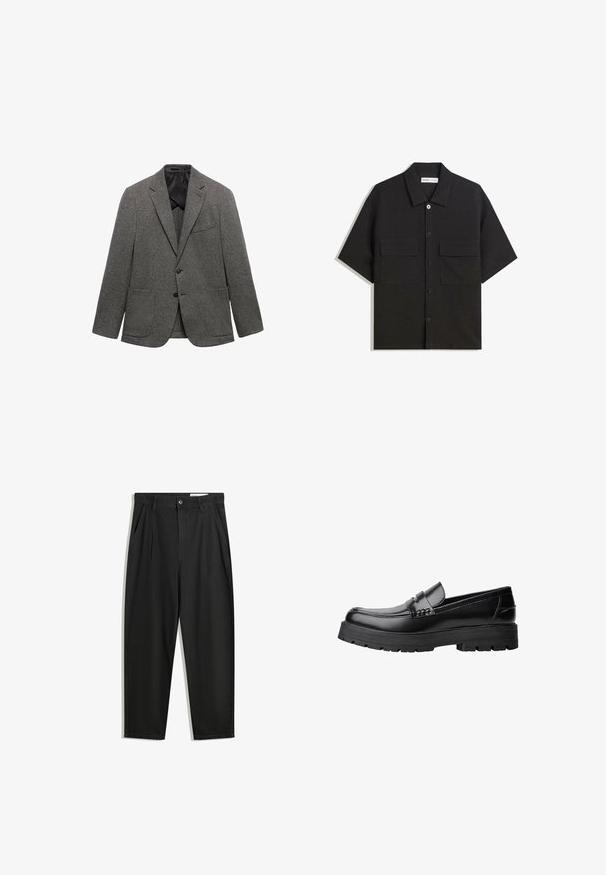 Grijze geblokte blazer van textuurstof, met een geknipte revers, twee voorzakken en een sluiting met één knoop.; Zwarte shirt met korte mouwen van stof met een gladde textuur, voorzien van twee voorzakken, een klassieke kraag en een knoopsluiting.; Zwarte katoenen broeken met een losse pasvorm, voorzien van een klassieke tailleband, voorplooien en zijzakken. Gladde structuur zonder patronen.; Zwarte leren loafer met een chunky profielzool en een decoratieve band over de bovenkant, weergegeven in het linkerzijprofiel op een witte achtergrond.