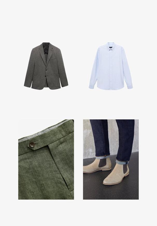 Blazer grigio a motivo realizzato in tessuto strutturato, con rever a punta, due tasche frontali e chiusura con un solo bottone.; Camicia azzurra a maniche lunghe con colletto classico, orlo dritto e una trama sottile. Presenta una chiusura centrale con bottoni.; Pantaloni in lino verde oliva con piega frontale, dotati di chiusura con bottone e una fodera a quadretti a contrasto nella cintura.; Zign LEATHER - Stivaletti - sand