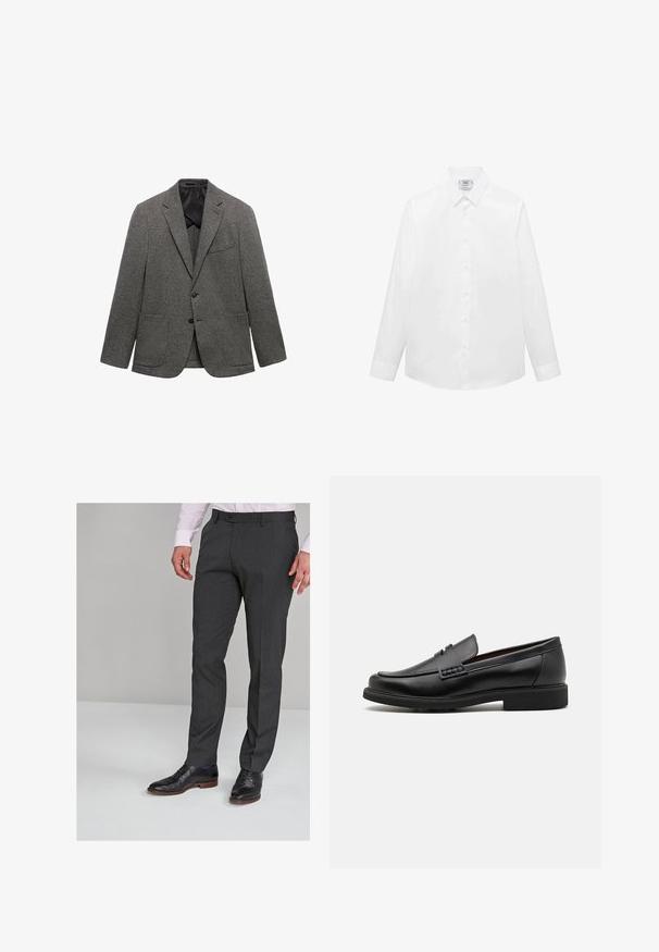 Sacou gri cu imprimeu, realizat din țesătură texturată, având rever ascuțit, două buzunare frontale și închidere cu un singur nasture.; Cămașă albă cu mâneci lungi dintr-un material neted, având un guler clasic, închidere cu butoane și un tiv curbat. Design minimalist, fără modele.; Pantaloni gri, croiți, cu o textură netedă, având un front plat și curea pentru brâu, asociați cu pantofi negri de ceremonie.; Mocasini negri din material sintetic, cu un vârf cusut proeminent, interior căptușit și talpă plată din cauciuc; design elegant cu detalii minime.