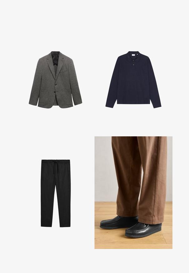 Šedý vzorovaný blejzr vyrobený z texturované tkaniny, s klopovým límcem, dvěma předními kapsami a zapínáním na jeden knoflík.; Námořnická modrá polokošile s dlouhým rukávem z bavlny s límečkem, nabízející zapínání na tři knoflíky a jednoduchou texturu. Bez viditelných vzorů nebo akcentů.; Massimo Dutti JOGGER FIT - Kalhoty - black; Černé kožené boty s mokasínovým designem a prošíváním, spárované s hnědými kalhotami, na dřevěné podlaze.