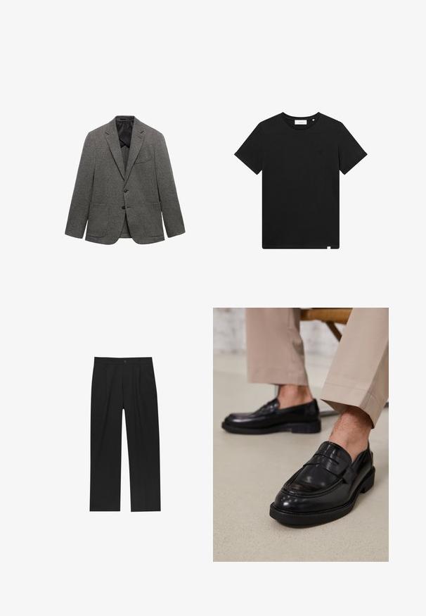Sivi sako s uzorkom izrađen od teksturirane tkanine, s oštrim reverima, dva prednja džepa i jednim dugmetom za zatvaranje.; Crna kratka majica s kratkim rukavima od pamuka, s okruglim izrezom i malim logotipom izvezenim na prsima. Glatka tekstura, standardni kroj.; Crne hlače ravnog kroja, izrađene od glatkog materijala. Imaju prednje nabore i jedan dugme na struku.; Crne kožne mokasine s glatkom obradom, koje imaju dekorativnu traku i kontrastnu šav, u kombinaciji s bež hlačama.