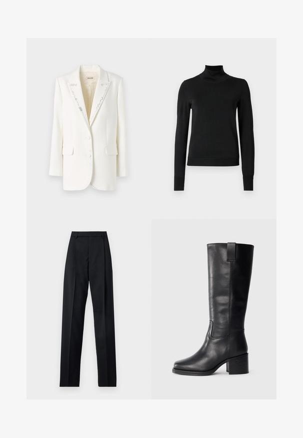 White blazer with a structured design, notched lapels, two buttons, and decorative silver stitching along the collar and front edges.; Black long-sleeve turtleneck sweater with ribbed cuffs and hem, displayed on a plain white background.; Black trousers made from smooth fabric featuring a high waist, wide legs, front pleats, and classic belt loops. No side pockets visible.; Black leather knee-high boots with a smooth texture, square toe, block heel, and side pull tab, featuring minimal stitching details.