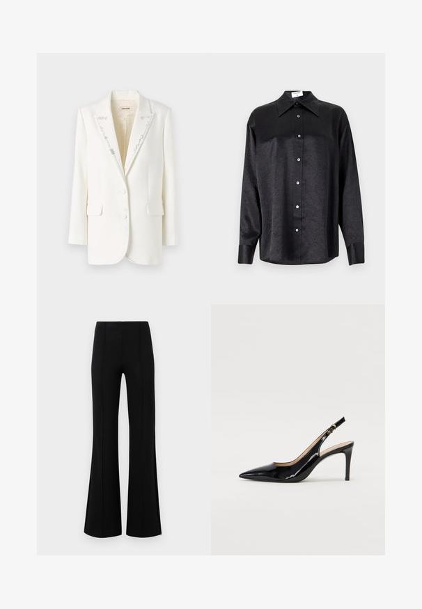 Blazer blanc au design structuré, avec des revers crantés, deux boutons et des coutures décoratives argentées le long du col et des bords avant.; Chemise noire à manches longues avec un col, présentant une texture froissée, une fermeture à boutons sur le devant et des poignets. Fabriquée en tissu lisse.; Pantalons évasés noirs avec une taille haute, fabriqués en tissu extensible. Présente des détails de couture verticaux sur le devant et une texture lisse.; Pompe slingback en cuir verni noir avec un bout pointu, un talon fin et un design de découpes subtil. Elle dispose d'une boucle dorée sur la sangle.