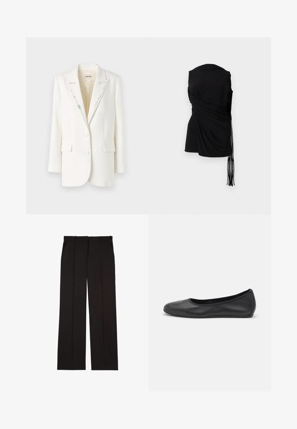 Hvid blazer med et struktureret design, snorede klapper, to knapper og dekorativ sølvtråd langs kraven og frontkanterne.; Sort ærmeløs top med draperet stof, sidelilægning og forlænget frynsedetail, der har en glat tekstur og en tætsiddende silhuet.; Sorte skræddersyede bukser lavet af et glat stof, med et lige ben-design og to sidelommer. Elegant og minimalistisk konstruktion.; Sort læderballetsko med rund tå, glat tekstur, minimal syning og et fleksibelt såldesign.