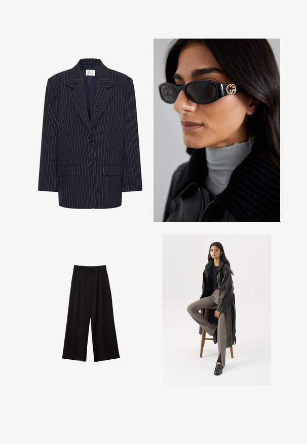 Mornarsko prugasta blazer jakna z izrezanim ovratnikom, dvema sprednjima žepoma, dvema gumboma in podloženim notranjostjo. Prilagojen fit, strukturirana zasnova.; Bela bombažna majica brez rokavov s kroglasto izrezom in prilegajočim krojem. Gladka tekstura, enostavna zasnova in minimalne šivanske podrobnosti.; Črne široke hlače z visokim pasom, opremljene z gubami, gladko teksturo in brez vidnih žepov ali okrasnih detajlov.; Črn usnjen trench plašč z gumbi in detajli pasu, v kombinaciji s svetlo rjavimi prilegajočimi hlačami in črnimi loferji, sedeč na lesenem stolu.; Črne sončne očala z elegantnim pravokotnim okvirjem in zlatim logotipom na strani. Temna stekla in sijajna površina sta izrazita.