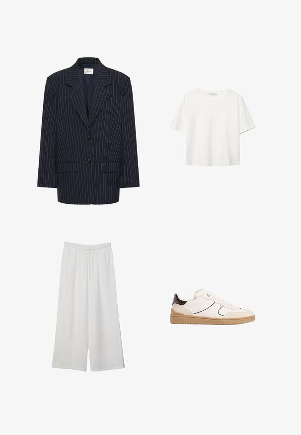 Granatowa marynarka w paski z klapami, dwoma przednimi kieszeniami, dwoma guzikami i podszewką. Dopasowany krój, zarysowany design.; Biała koszulka z krótkim rękawem, wykonana z bawełny. Posiada okrągły dekolt i luźny krój. Gładka faktura bez widocznych wzorów czy akcentów.; Białe szerokie spodnie wykonane z lekkiego materiału, z elastyczną talią i sznurkiem do regulacji fasonu. Gładka tekstura.; Stradivarius - Sneakersy niskie