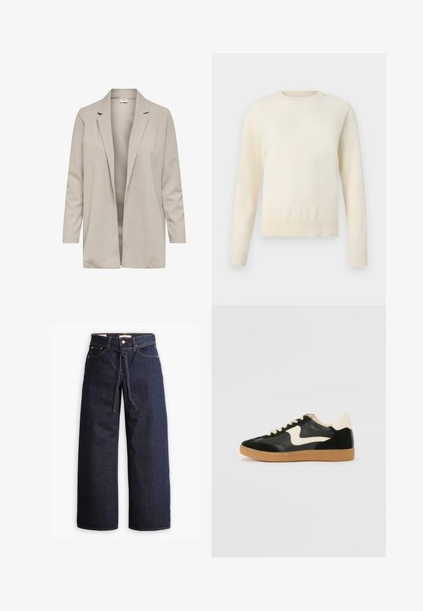Blazer bege de mangas longas com colarinho em bico, design de frente aberta, textura suave e sem fechos ou bolsos visíveis.; Pullover de cor creme claro, com mangas longas, decote redondo e bainha canelada. Feito de um material suave, com uma textura lisa.; Calças de ganga de perna larga, em azul escuro, com uma cintura alta, apresentando um cordão, cinco bolsos e detalhes de costura em contraste.; Sapatilha em camurça e couro pretos com um swoosh lateral em creme e um calcanhar em creme claro. Apresenta atacadores bege e uma sola de borracha tipo gum.