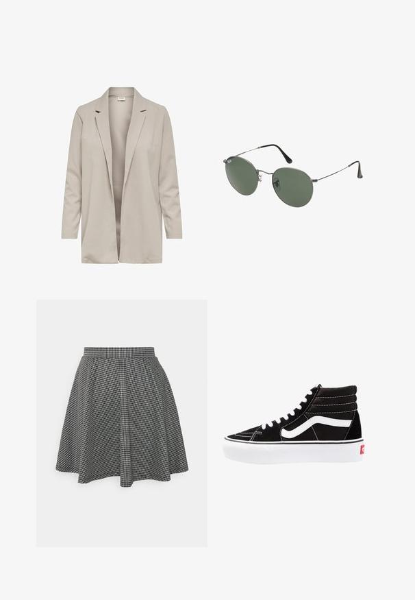 Šviesiai rudos spalvos ilgomis rankovėmis švarkas su apykakle, atviru priekiu, lygiu paviršiumi ir be matomų užsegimų ar kišenių.; Juodas kanalų rašto trumpas topas su apvaliu iškirpimu ir be rankovių dizainu. Pagaminta iš minkštos, elastingos medžiagos, kurios kraštai tvarkingai apdirbti.; Juodos ir baltos laukų rašto šokių sijonas su prigludusia juosmens dalimi ir platėjančiu apačiu, pagamintas iš tekstūruoto audinio, kuriame pateiktas klasikinis raštas.; Juodi aukšti sportbačiai su baltais raišteliais, baltu logotipu ir kontrastinga balta siuvinėta. Turi storą baltą padas ir tekstūruotą zomšos viršutinę dalį.; Metaliniai akiniai su ovaliais žaliais lęšiais. Plonas sidabro spalvos metalinis rėmas ir juodi ausų laikikliai. Minimalistinis dizainas, be matomų logotipų.