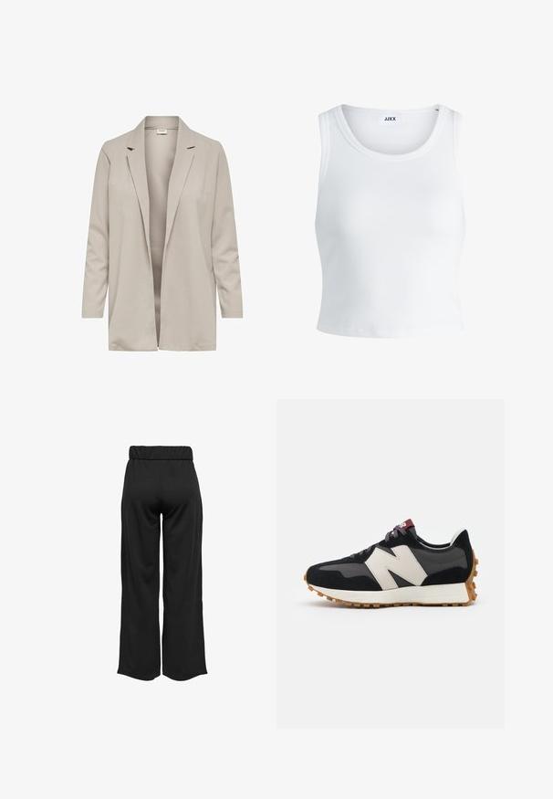 Beige hosszúujjú blézer, hajtókás gallérral, nyitott elülső dizájnnal, sima textúrával, és látható zárószerkezet vagy zsebek nélkül.; Fehér bordás ujjatlan top, kerek nyakkivágással és rövid hosszal. A címke szerint "JJXX". Sima szövettextúra.; Fekete, bővülő szárú nadrág, elasztikus derékkal, sima anyagból készült. Tiszta dizájn jellemzi, zsebek és látható varrási részletek nélkül.; Fekete és szürke velúr sportcipő nagy krémszínű "N" logóval, lila fűzőkkel és texturált gumi talppal.
