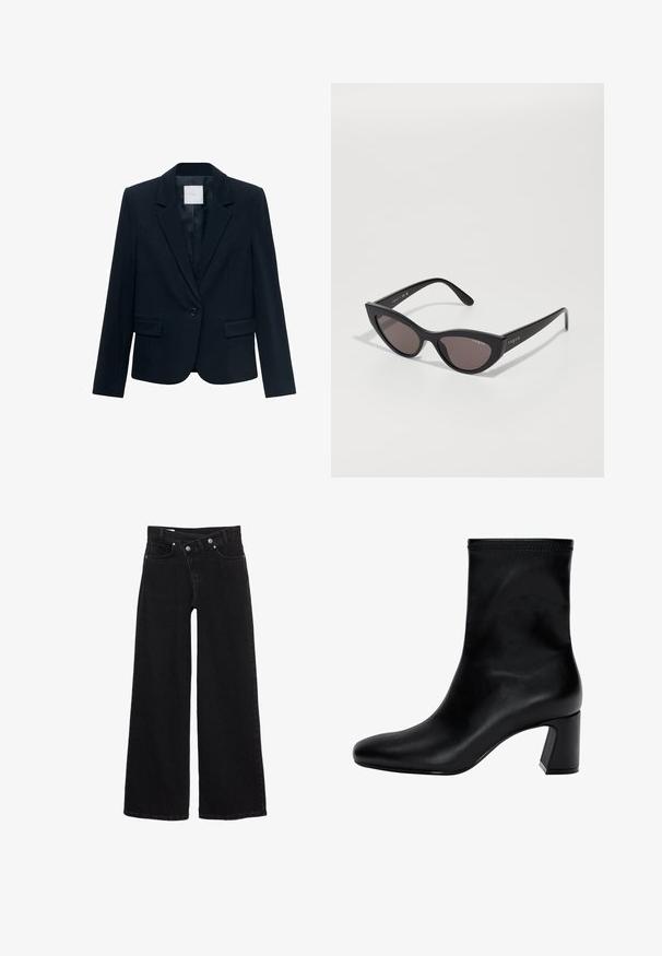 Blazer ajusté bleu marine avec manches longues, fermeture à un bouton noir, col à revers et deux poches avant à rabat.; Chemise blanche à manches longues avec un col classique, un devant à boutons et un tissu en coton lisse. Design minimaliste, sans motifs ni accents.; Jean large taille haute noir avec poches avant, passants de ceinture et fermeture à double bouton.; Botte noire à la cheville en cuir lisse. Possède un bout carré, un haut élastiqué et un talon épais pour la stabilité. Design minimaliste.; Lunettes de soleil cat-eye avec une monture noire mate et des verres sombres, comportant un logo "vogue" sur le côté et une forme angulaire distinctive.; Even&Odd Sac à main - black