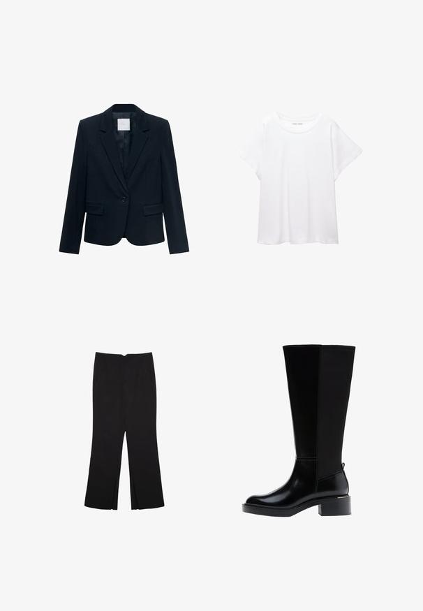 Navy plavi krojeni sakou s dugim rukavima, zatvaranjem na jedan crni gumb, rever kragnom i dva prednja džepa s preklopom.; Bijela majica od mekane, lagane tkanine. Ima okrugli izrez i kratke, široke rukave s ležernim krojem. Bez vidljivih uzoraka.; Crne hlače ravnog kroja, s prednjim džepovima i bočnim prorezima na rubu. Izrađene od mekog i glatkog materijala. Pogodne za razne prigode.; Crna čizma do koljena s glatkom kožnom završnom obradom, istaknutim šavovima, masivnom petom i teksturiranim stražnjim panelom za dodatni interes.