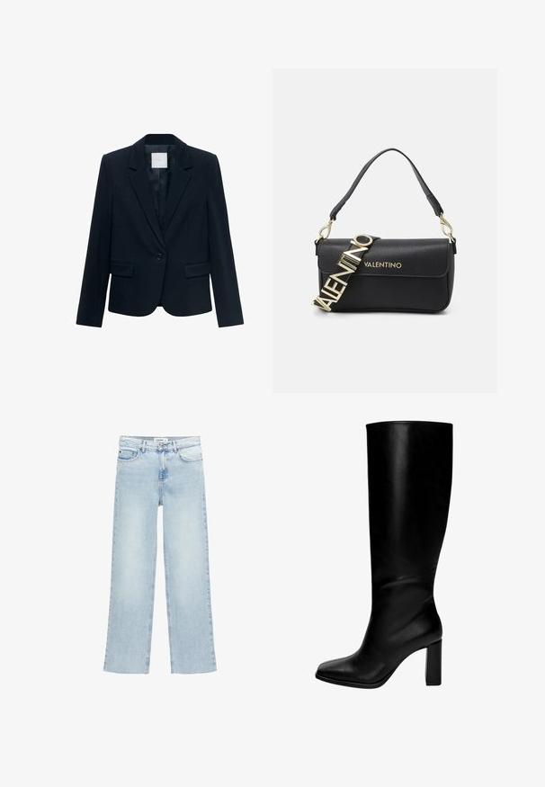 Námorně modrý přizpůsobený blazer s dlouhými rukávy, jednobarevným černým knoflíkem, zářezovým límcem a dvěma předními klopovými kapsami.; Černé jednodílné plavky s tenkými nastavovacími ramínky, hladkým textilním povrchem a vysokým střihem na nohách. Minimalistický styl bez ozdob.; Světle modré široké džíny vyrobené z denimu s vysokým pasem, pěti kapsami a zapínáním na knoflík. Obsahují minimální detaily šití.; Černé kožené vysoké boty až ke kolenům se čtveratou špicí a masivním podpatkem. Hladká textura, těsný střih a žádné viditelné kovové prvky či vzory.; Černá kožená kabelka se strukturovaným tvarem, s pozlaceným popruhem s logem "VALENTINO" a odnímatelným ramenním popruhem. Texturovaný povrch.