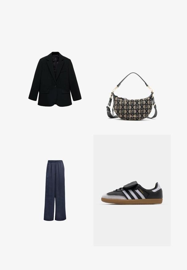 Černý blazer vyrobený z hladké látky. Má jeden knoflík na zapínání, klopové límce a dvě přední kapsy. Jednoduchý, přiléhavý design.; Bílé tričko bez rukávů vyrobené z bavlny, má jednoduchý design s kulatým výstřihem a černým logem "HUGO" uprostřed. Hladká textura.; Námořnické kalhoty s širokým střihem vyrobené z hladkého materiálu, s elastickým pasem a bez viditelného kování. Mají uvolněný střih a dlouhý design.; Černé kožené a šedé semišové tenisky s bílými pruhy, gumovou podrážkou, šněrováním v přední části a suchým zipem. Značka "Samba" v zlaté barvě.; Hnědo-černá plátěná taška přes rameno ve tvaru půlměsíce, s opakujícím se vzorem loga, zlatými detaily a odnímatelným popruhem.