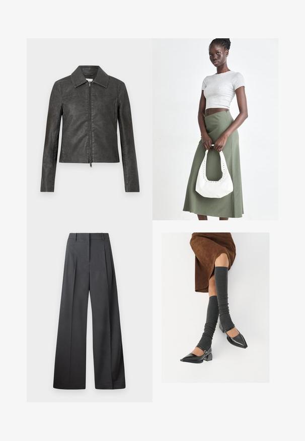 Zwarte leren jas met een kraag, een ritssluiting aan de voorkant en lange mouwen met minimale stikdetails.; Denim peplum top in donkerblauw, met een ronde halslijn, een knoopsluiting aan de voorkant met vijf bruine knopen, en een aansluitend lijfje.; Wijde broek in donkergrijze stof, met een hoge taille, enkele plooien en een gladde textuur met een nette afwerking aan de zoom.; Zwarte gepatineerde leren pumps met een puntige neus, een blokhak en een enkelbandje, gecombineerd met grijze geribde beenwarmers en een bruine suède rok.; Grijs geribbelde crop top en olijfgroene hoge taille rok. Model houdt een witte schoudertas met uitsparingen vast. Eenvoudig ontwerp, aansluitende silhouet.