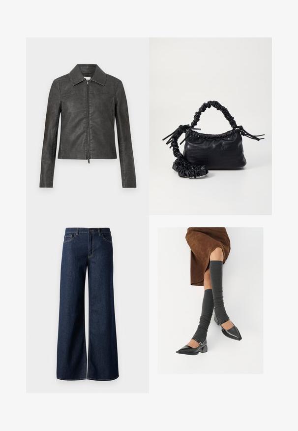 Schwarze Lederjacke mit kragenförmigem Ausschnitt, vorderem Reißverschluss und langen Ärmeln mit minimalen Nähten.; Schwarzes, langärmliges, figurbetontes Oberteil mit quadratischem Ausschnitt, gekennzeichnet mit GAP, vor einem weißen Hintergrund präsentiert.; Weite Jeans in dunkelblauem Denim. Merkmale sind kontrastierende Nähte, fünf Taschen und ein Knopfverschluss an der Taille. Glatte Textur.; Schwarze lacklederne spitze Schuhe mit Blockabsatz und Knöchelriemen, kombiniert mit grauen gerippten Beinstulpen und einem braunen Wildlederrock.; Schwarze Handtasche aus Kunstleder mit Krokodilstruktur, gerafftem oberen Teil und einem geschoppten Tragegurt. Sie wirkt weich und kompakt im Design.