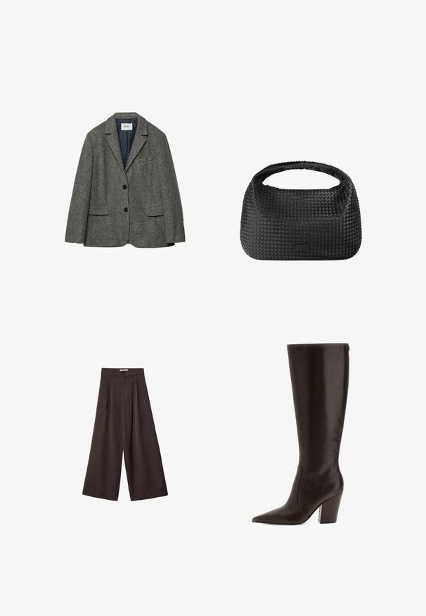 Grå uldblazer med to forlommer, en klippet revers og en enkeltknaplukning. Har en glat blå foring.; Sort turtleneck sweater i blødt strikstof. Har lange ærmer og ribbede manchetter og kant. Enkel, klassisk design uden mønstre.; Sorte vidde bukser med høj talje, med frontfolder og knaplukning i taljen, lavet af glat stof.; Brune læderknæ-high støvle med spids tå og blokhæl. Har en glat overflade og lynlås på siden for nem påtagning.; Sort vævet håndtaske med en afrundet form, struktureret overflade og et enkelt håndtag på toppen. Har et elegant, minimalistisk design uden synligt hardware.