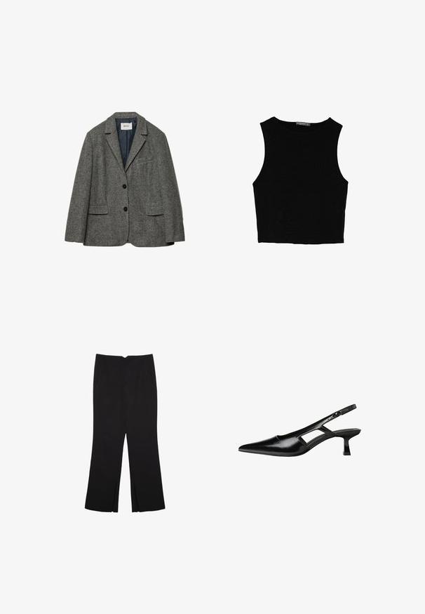 Blazer grigio in lana con due tasche frontali, rever a pattina e chiusura a un bottone. Presenta un rivestimento azzurro liscio.; Top corto senza maniche nero realizzato in tessuto liscio, con scollatura rotonda e un design pulito e semplice, privo di pattern o accessori.; Pantaloni neri a gamba dritta, con tasche frontali e spacchi laterali all'orlo. Realizzati in tessuto morbido e liscio. Adatti a diverse occasioni.; Tacchi slingback in pelle verniciata nera con punta affusolata, design con tagli laterali e tacco quadrato piccolo. Texture liscia con dettagli minimi.