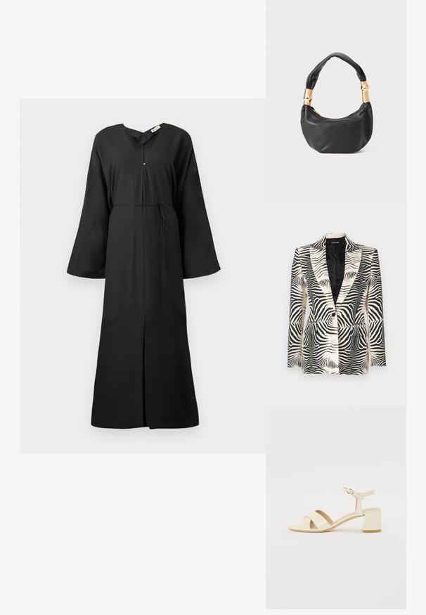 Blazer de estampado de cebra con un diseño estructurado, cierre de un botón y dos bolsillos frontales, confeccionado con una tela suave y ligera.; Vestido maxi negro con mangas largas, escote en V, cintura ajustada con lazo y un detalle de abertura en la parte frontal. Hecho de una tela suave con un brillo sutil.; Sandalias de tacón de charol beige con diseño de tira cruzada, puntera abierta, correa ajustable en el tobillo y tacón cuadrado. Textura suave.; Bolso de mano de cuero negro con forma redonda, textura suave y un asa anudada que cuenta con acentos de hardware en tono dorado. Cierre con cremallera.