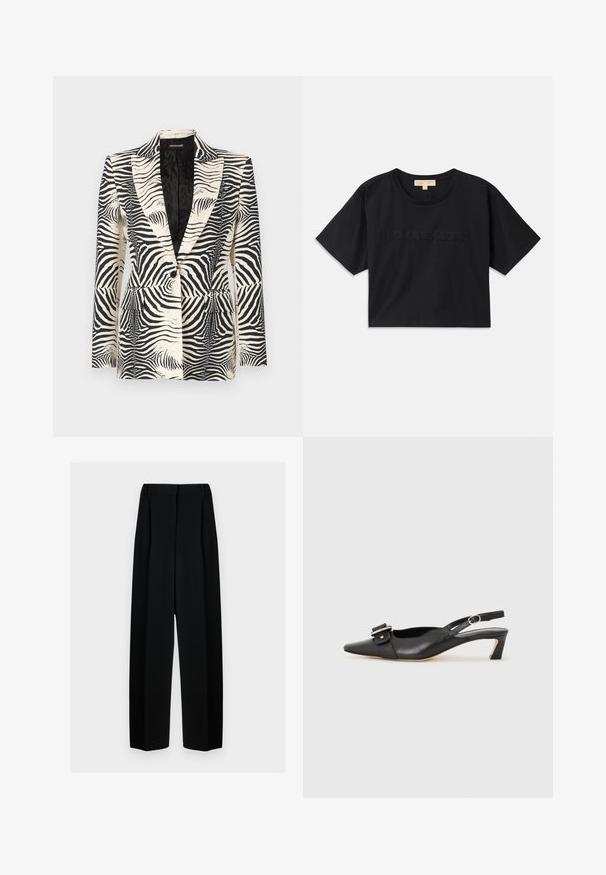 Zebra-kuosisakki, jossa on rakenteellinen muotoilu, yksittäinen napitus ja kaksi etutaskua, valmistettu sileästä, kevyestä kankaasta.; Mustat lyhyet hihatsiyhdistelmät, jotka on valmistettu puuvillasta. Pyöreä pääntie ja lyhyet hihat. "MICHAEL KORS" brodeerattu samansävyisenä eteen.; Mustat leveät housut korkealla vyötäröllä, joissa on laskokset ja sileä pinta. Kangas näyttää kevyeltä ja laskeutuu kauniisti.; Musta nahkainen slingback-kengät terävällä kärjellä, pienellä korolla ja koristeellisella solkikuvioinnilla yläosassa. Sujuva pinta, minimalistinen muotoilu.
