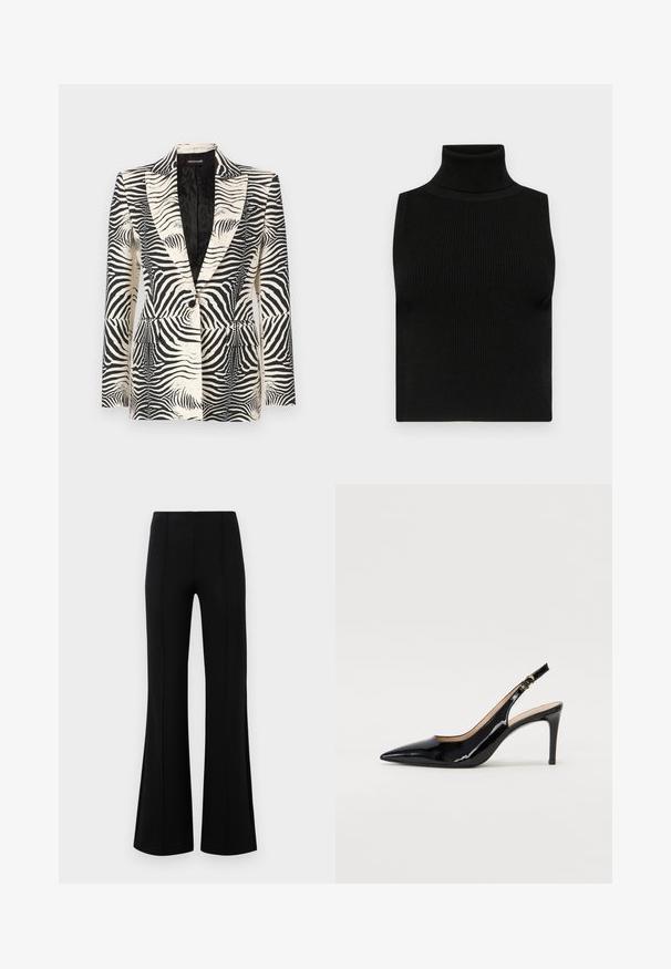 Marynarka w zebrę z fasonem strukturalnym, zapinana na jeden guzik, z dwoma kieszeniami z przodu, wykonana z gładkiego, lekkiego materiału.; Czarna, bezrękawnikowa bluzka w stylu golfu z prążkowaną teksturą i dopasowanym krojem. Gładki materiał z wysokim kołnierzem i bez dodatkowych zdobień.; Czarne rozszerzane spodnie z wysokim stanem, wykonane z elastycznego materiału. Posiadają pionowe szwy z przodu oraz gładką teksturę.; Czarne lakierowane szpilki typu slingback z szpiczastym noskiem, smukłym obcasem i subtelnym wycięciem. Posiadają złotą klamrę na pasku.
