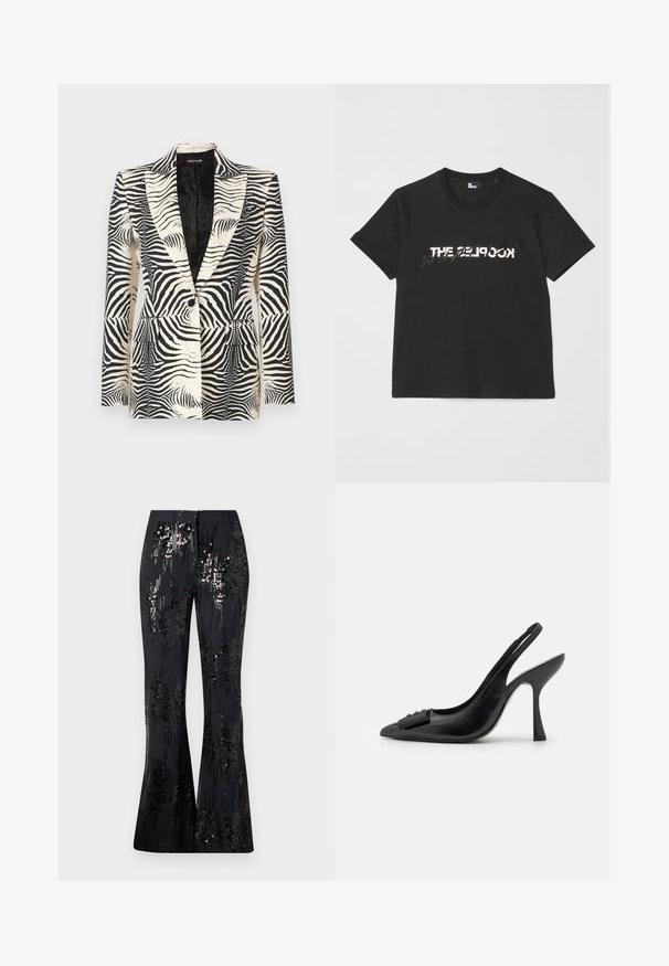 Blazer se zebřím potiskem, který se vyznačuje strukturovaným designem, jedním knoflíkem na zapínání a dvěma předními kapsami, vyrobený z hladkého a lehkého materiálu.; Černé bavlněné tričko s krátkým rukávem, na přední straně se tiskne bílý a šedý design "THE 2LOOK". Klasický kulatý výstřih.; The Kooples PANTALON SEUL - Kalhoty - black; Černá kožená slingback obuv se špičatou špičkou, úzkým vysokým podpatkem a dekorativním mašličkovým prvkem. Hladká textura a elegantní design.