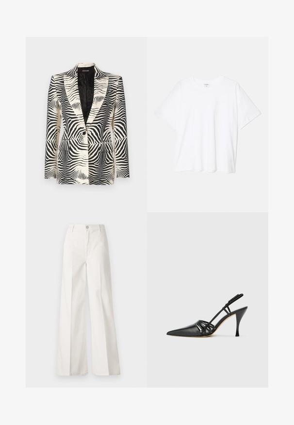 Blazer a stampa zebra con un design strutturato, chiusura a un bottone e due tasche anteriori, realizzato in un tessuto liscio e leggero.; T-shirt bianco in cotone con maniche corte, scollo rotondo, vestibilità comoda e orlo cucito. Etichetta visibile all'interno del colletto.; Pantaloni bianchi a gamba larga realizzati in cotone con una texture liscia. Presentano un bottone anteriore, una zip e un design a quattro tasche.; Scarpa nera in pelle con tacco alto, design slingback e punta affusolata, con una fascia incrociata e un tacco sottile a stiletto. Texture liscia e accenti minimi.