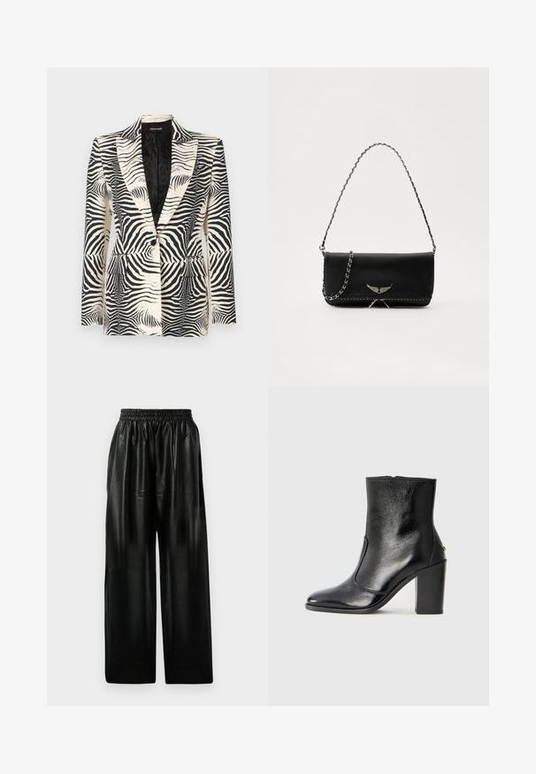 Blazer so vzorom zebry s konštruktivným dizajnom, zapínaním na jeden gombík a dvoma prednými vreckami, vyrobený z hladkého, ľahkého materiálu.; Biely rebrovaný top bez rukávov s okrúhlym výstrihom a širokými ramennými popruhmi, s etiketou označenou "AGOLDE" a veľkosťou "S."; Čierne kožené nohavice s širokými nohavicami a elastickým pásom, so štyrmi bočnými vreckami a hladkou, lesklou textúrou.; Čierna kožená kotníková obuv s hladkým povrchom, špicatou špičkou a masívnym vysokým podpätkom. Zdobená bočným otvorom a minimalistickým dizajnom.; Čierna kožená kabelka so strieborným reťazovým popruhom, so zdobnými krídelnými akcentmi a bielym prešívaním pozdĺž dolného švu.